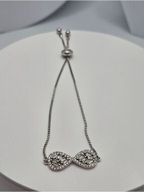 Silver Tone Infinity Bolo Bracelet Clear Stone Adjustable Box Chain 8" Max